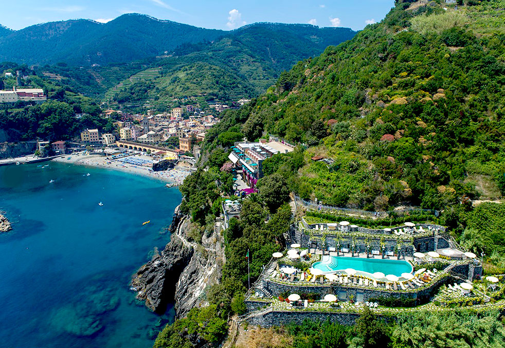 Aerial view of the Porto Roca hotel located on the cliffside near Monterosso al Mare, the most luxurious of hotels in Cinque Terre